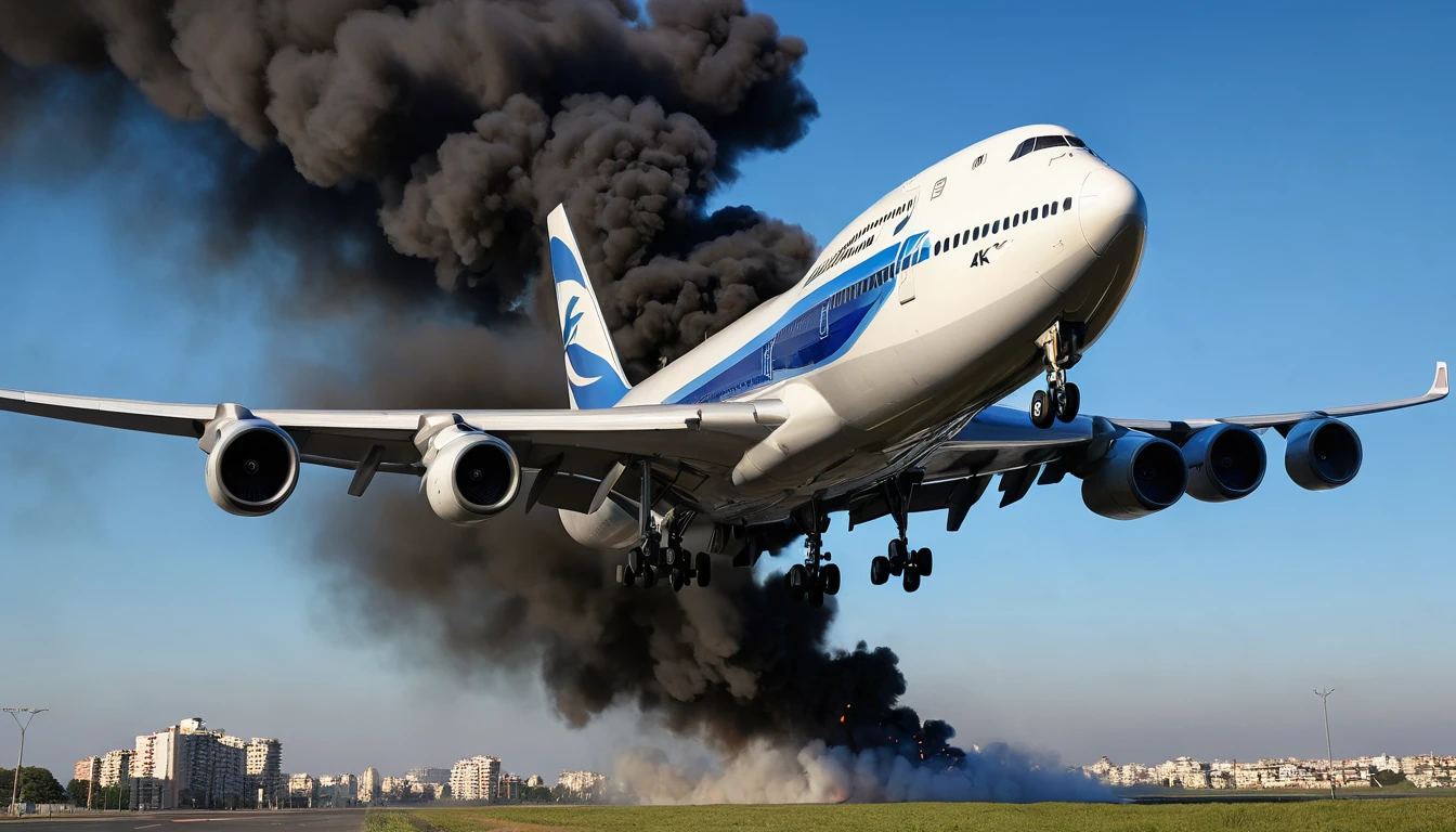 (best quality,4k,8k,highres,masterpiece:1.2),ultra-detailed,(realistic,photorealistic,photo-realistic:1.37),commercial airliner,Boeing 747,El Al livery,heading towards apartment building,one engine on fire,dramatic lighting,cinematic angle,realistic smoke plumes,dramatic tension,dynamic composition