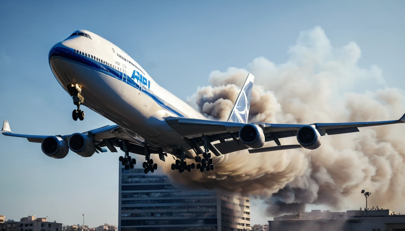 (best quality,4k,8k,highres,masterpiece:1.2),ultra-detailed,(realistic,photorealistic,photo-realistic:1.37),commercial airliner,Boeing 747,El Al livery,heading towards apartment building,one engine on fire,dramatic lighting,cinematic angle,realistic smoke plumes,dramatic tension,dynamic composition