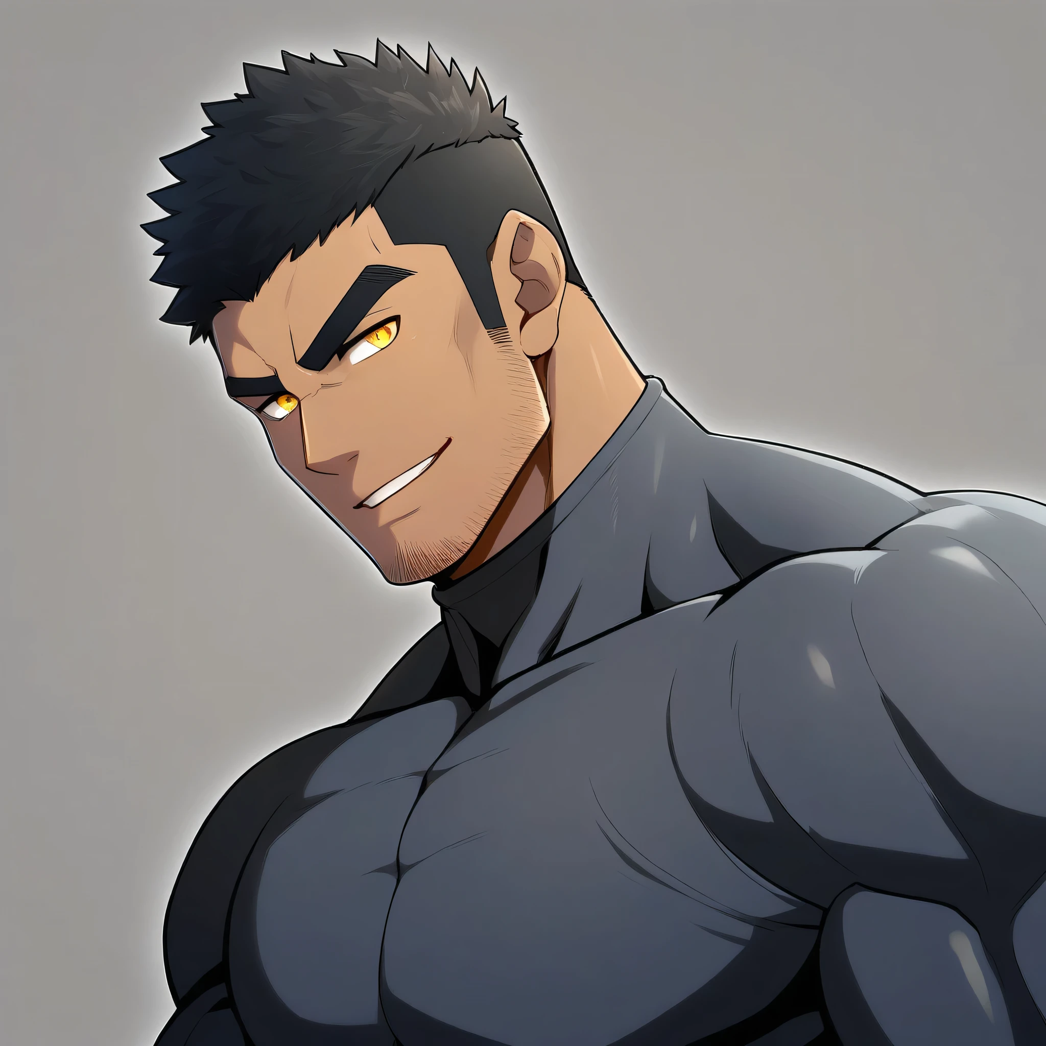 anime characters：Gyee, Muscle Sports Student, negro black skin, 1 dark skin muscular tough guy, Manliness, male focus, Dark grey high collar long sleeve wetsuit, Matte texture, Very tight, Round, full and perky chest muscles, Slightly transparent, muscular male, muscular, only, Upper body, alone, Black short hair, Thick eyebrows, stubble, Yellow eyes, Grey background, simple background, amazing quality, best aesthetics, Ridiculous, bright pupils, crew cut, parted lips, seductive smile, torogao, naughty face,  best quality