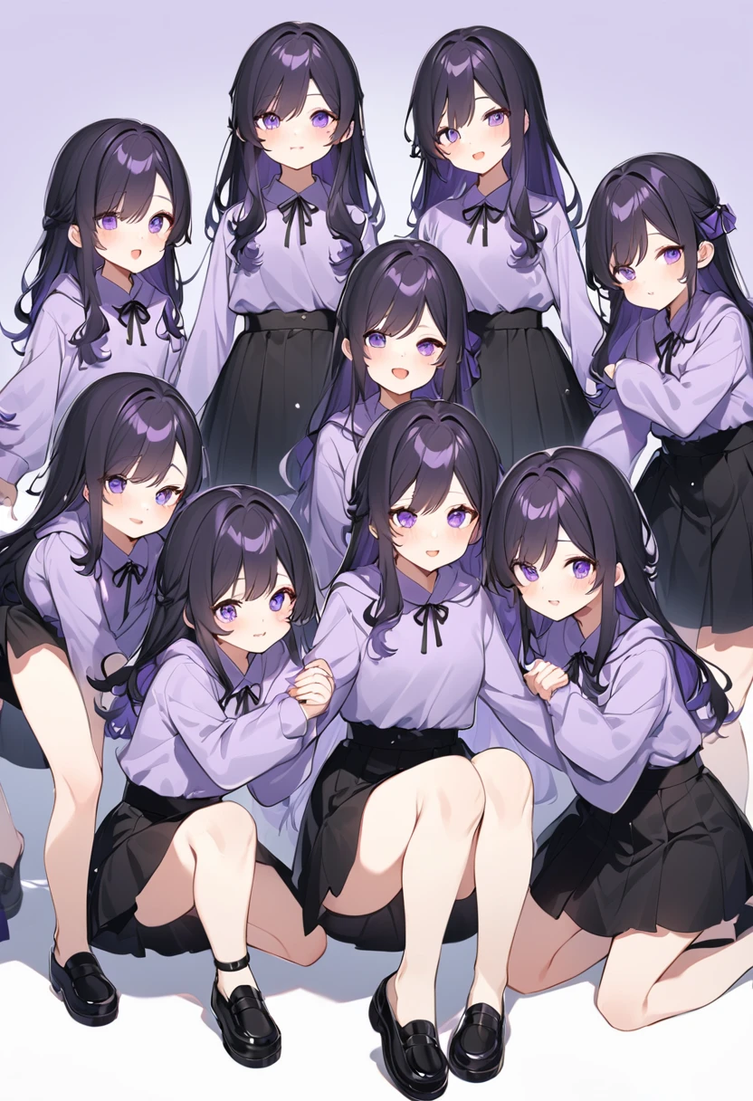 Keito。Purple hoodie。Black Skirt。Purple Eyes。Black Hair。Black shoes下。Black shoes。6 sistery eldest daughter has lavender hair.。all female。Sextuplets