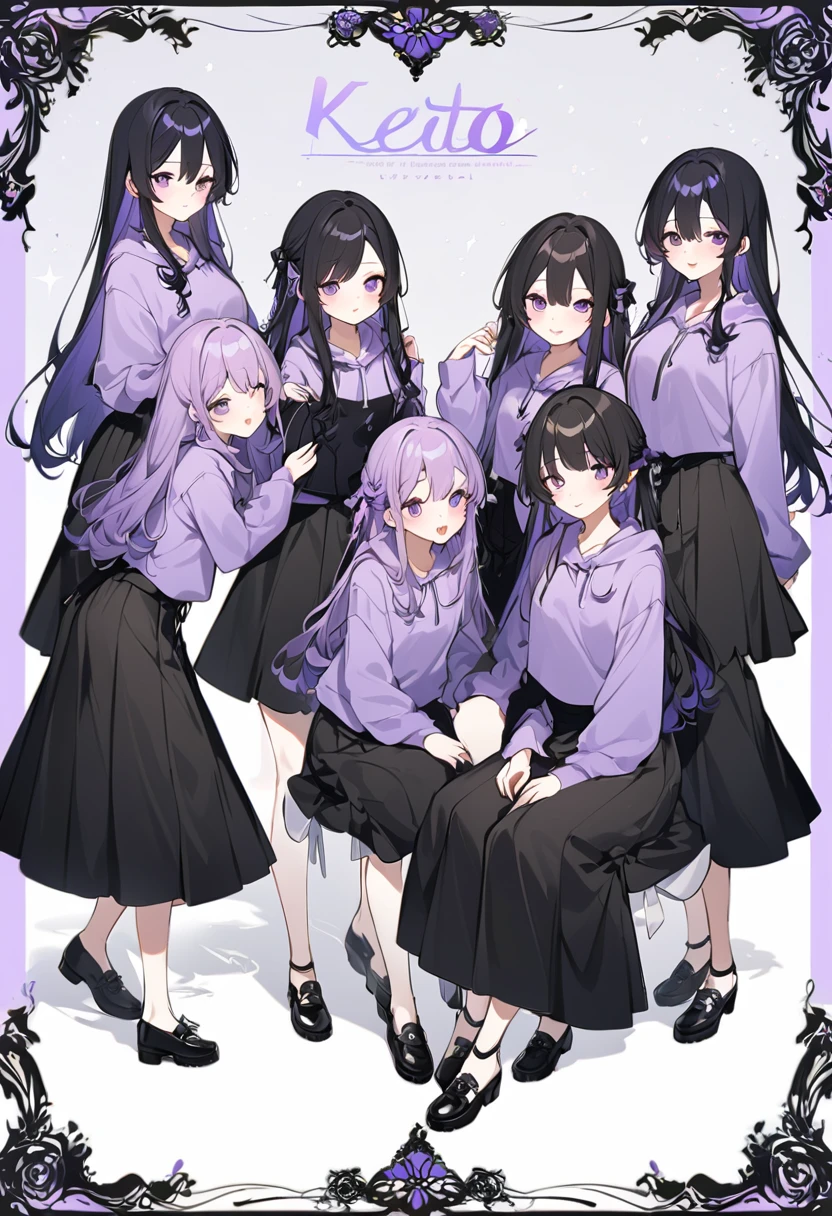 Keito。Purple hoodie。Black Skirt。Purple Eyes。Black Hair。Black shoes下。Black shoes。6 sistery eldest daughter has lavender hair.。all female。Sextuplets
