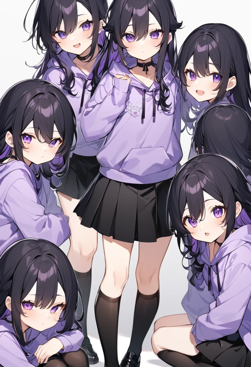 Keito。Purple hoodie。Black Skirt。Purple Eyes。Black Hair。Black shoes下。Black shoes。6 sistery eldest daughter has lavender hair.。all female。tuplets