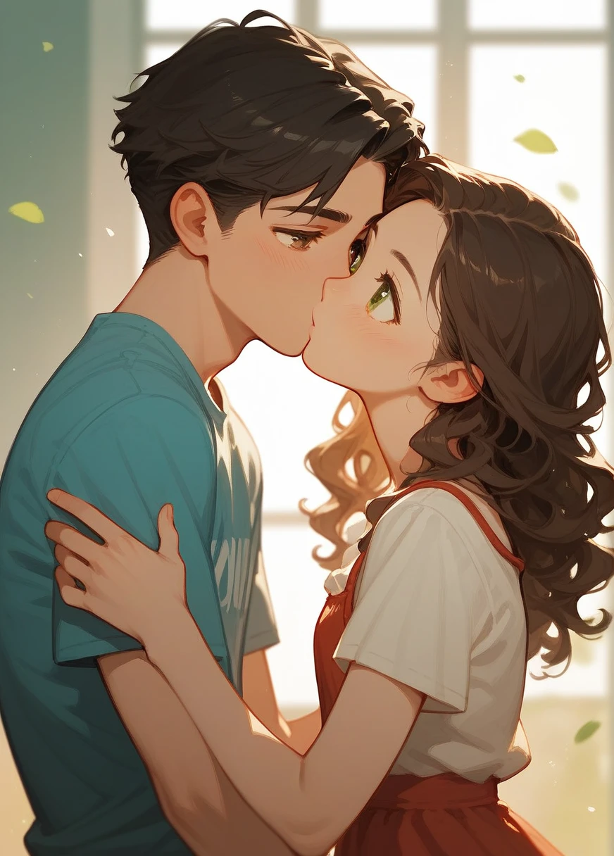 1 girl, cute face, short wavy brown hair, , Red cheeks, Brown eyes, disturbance. 1 guy nearby, black hair, green eyes, kiss