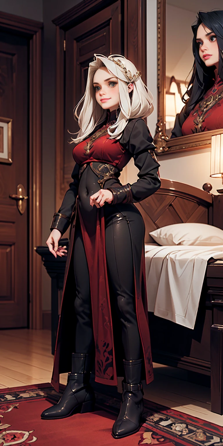 Setting: Royal bedroom - Grand, opulent, with rich fabrics and tapestries Character: Appearance: White hair - Short, styled in a sharp bob Full figure - Curvaceous Attire: High boots - Leather, reaching up the calves Elegant outfit - Befitting the royal setting (consider a dress, gown, or ensemble) Red tattoo - Delicate design on the navel Face - A confident smirk plays on her lips, eyes sparkling with amusement Pose: Full body - Standing tall Hands - Resting on hips in a commanding posture Additional details: (add to the background a four-poster bed, a plush rug, ornate furniture)