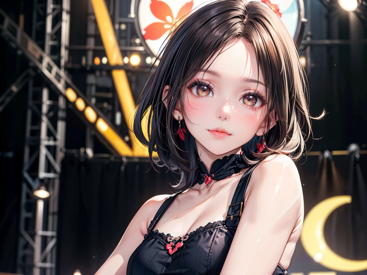 ((Best of the highest quality, 8k, Masterpiece, raw photo: 1.1)), (Sharp focus: 1.1), (1 AESPA, slim body type female, 22 y/o: 1.1), solo, Portrait Waist Up, (realistic, photo-realistic:1.37), face focus, cute face, finely eyes, (forehead, short messy hair: 1.28), (sharp chin, droopy eyes: 1.32), (Emphasize prominent aegyo-sal with bright: 1.28), shimmering eyeshadow applied under the lower lash line, paired with thick, (small breasts, flat chest: 1.2), alternative outfit, tube top, walking on stage, microphone, flower,