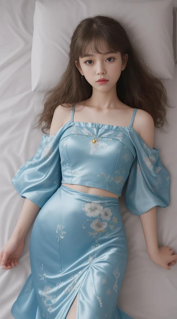 Best quality, Ultra-high detail，Overlooking，Full body portrait， girl，Delicate face，Curly hair，Hairpin，Hairpin，Pretty Face，Skin reflexes，Cheongsam bellyband，，Slim figure，Shy，Smaller bust，Off-the-shoulder design，Optimal body curves，High split ends，Lying in bed