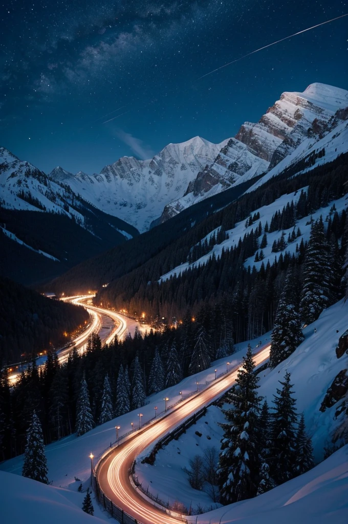 Beautiful snowy mountain scenery highway with lots of traffic at night