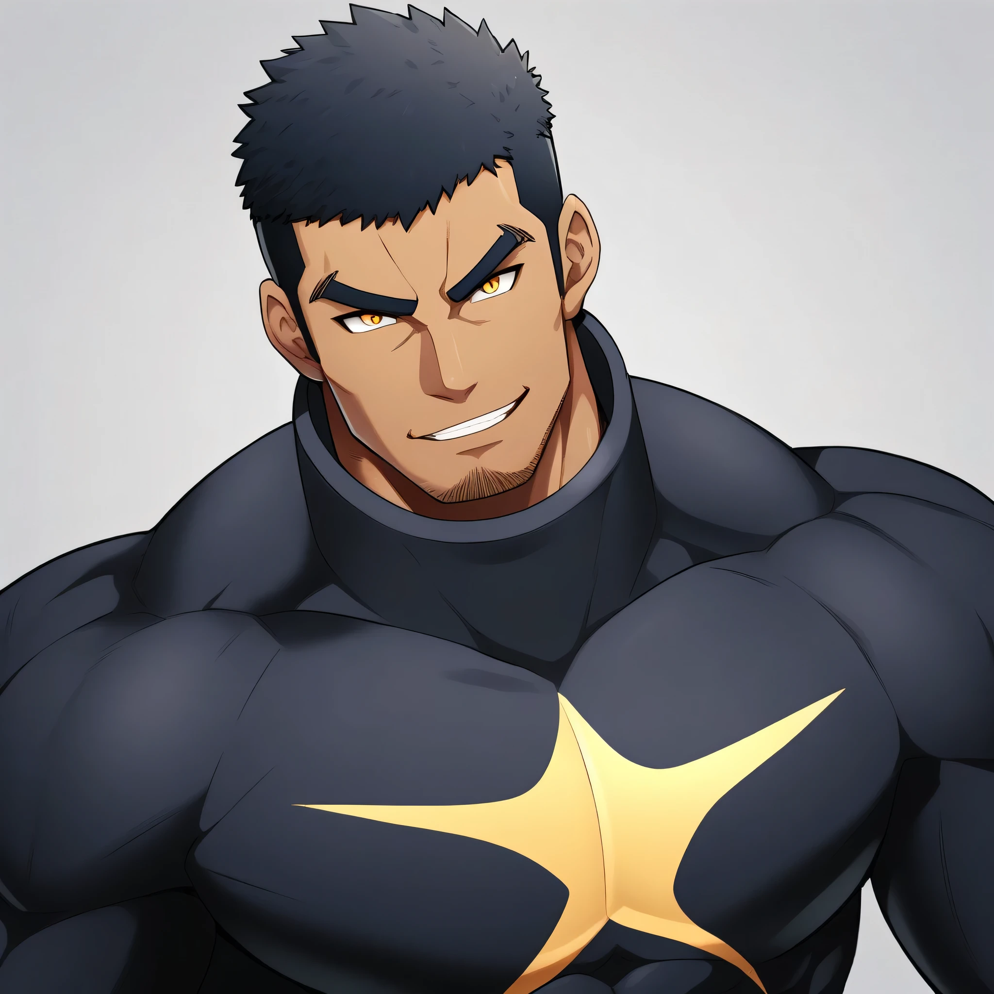 anime characters：Gyee, Muscle Sports Student, negro black skin, 1 dark skin muscular tough guy, Manliness, male focus, Dark grey high collar long sleeve wetsuit, Matte texture, Very tight, Round, full and perky chest muscles, Slightly transparent, muscular male, muscular, only, Upper body, alone, Black short hair, Thick eyebrows, stubble, Yellow eyes, Grey background, simple background, amazing quality, best aesthetics, Ridiculous, bright pupils, crew cut, parted lips, seductive smile, torogao, naughty face,  best quality