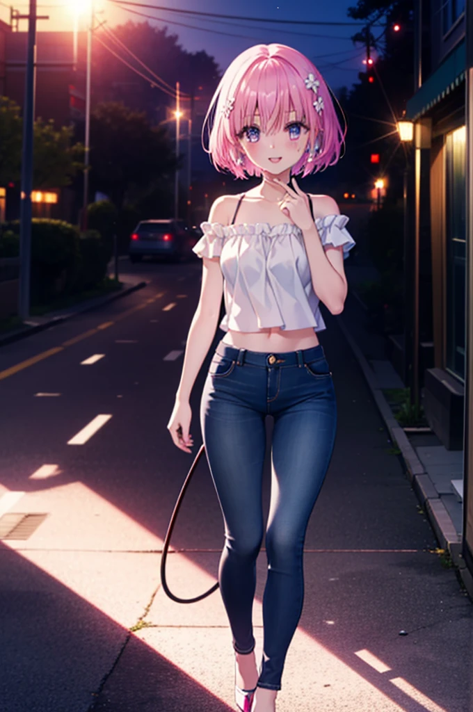 Momodebilke, A type of Deviluke, demon tail, Hair Flowers, hair ornaments, (Purple eyes:1.1), Pink Hair, short hair, tail, blush,happy smile, smile, Open your mouth,
BREAK demon tail, Cordo shoulder top,Skinny jeans,Stiletto heels,morning,morning yang,The sun is rising,Walking,whole bodyがイラストに入るように, BREAK outdoors, 公園 break looking at viewer, whole body, BREAK (masterpiece:1.2), highest quality, High resolution, unity 8k wallpaper, (figure:0.8), (beautiful detailed eyes:1.6), extremely detailed face, Perfect lighting, extremely detailed CG, (Perfect hands, Perfect Anatomy),