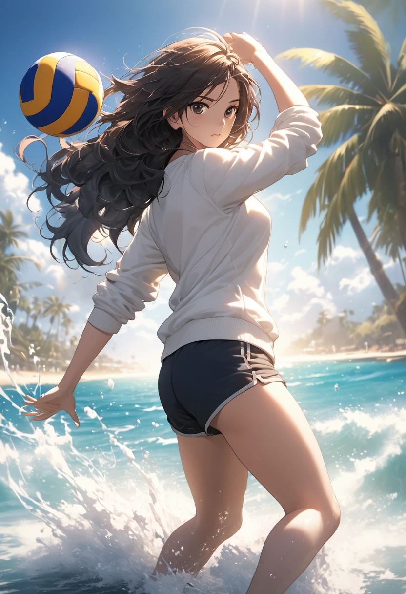 ( Correct and perfect anatomy )An attractive anime girl wearing a white sweatshirt and shorts plays volleyball while standing on the beach(sea water splash) Showing the dynamic posture of playing volleyball, light blue wavy long hair flying quickly, with a sense of speed, dynamic action posture, Distant view of beach with palm trees super detailed，complicated，Film perspective，The use of light and shadow in CG art is bright, High-quality animation style presentation
