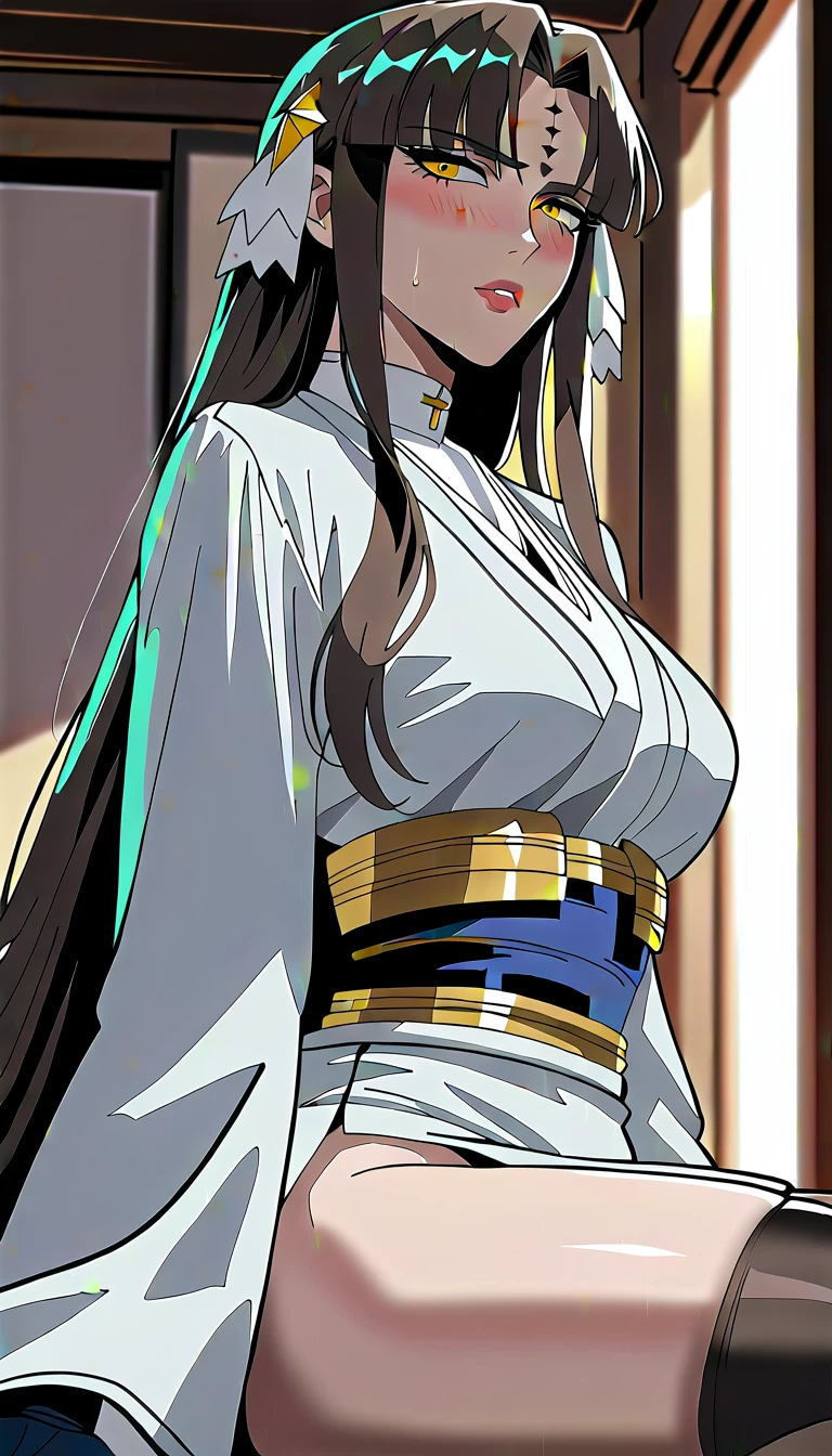 (harayutaka art style:0.7), score_9, score_8_up, score_7_up, score_6_up, uncensored, michiko tanaka, black hair, long hair, forehead mark, parted bangs, yellow eyes,, hair ornament, BREAK (masterpiece:1.2), best quality, high resolution,(detailed eyes:1.3), perfect lighting, (perfect hands, perfect anatomy), hearts, pleasured, medium breasts, sagging breasts, 1girl, breasts, sideboob, ass, japanese clothes, solo, kimono, thighhighs, looking at viewer, blush, flower, open mouth, official alternate costume, hair flower, sitting, paintbrush, thighs, wide sleeves, holding, ink, breath, sweat, sash, black thighhighs, fur collar, calligraphy brush, dark skin, paddle