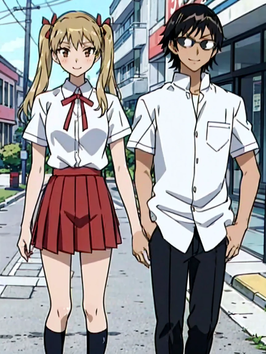 1 boy and 1 girl stand in the street,twintails,sawachika eri, brown eyes, hair ribbon,harimakenji, glasses, ,school uniform, red pleated skirt,eri,hairband, looking_at_viewer, serious, gakuran, white_shirt,smile,happy,two persons