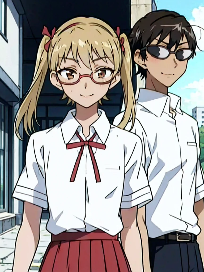 1 boy and 1 girl stand in the street,twintails,sawachika eri, brown eyes, hair ribbon,harimakenji, glasses, ,school uniform, red pleated skirt,eri,hairband, looking_at_viewer, serious, gakuran, white_shirt,smile,happy,two persons