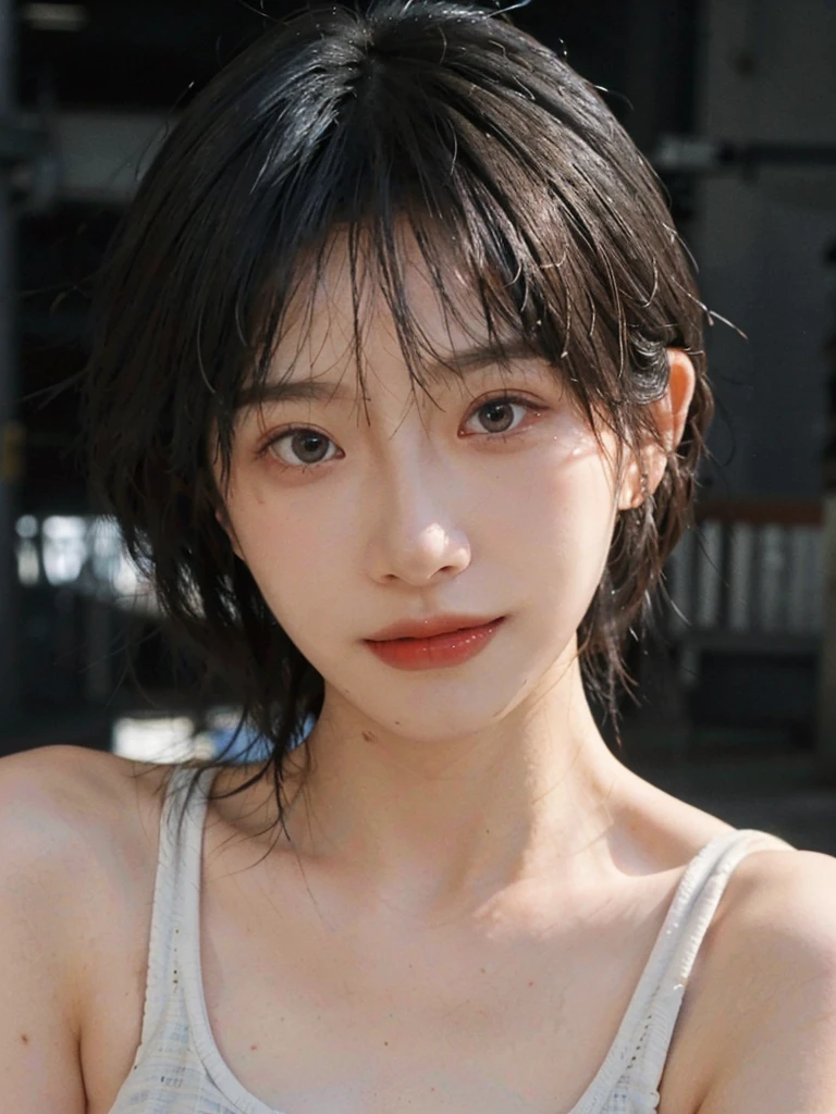 (Skin details:1.4), (smooth skin textures:1.3), (Upper body:1.4),(Upper Body:1.3)Lipstick, background, earrings, serene, calm, Suspenders,(Realistic and detailed eyes:1.2), Natural skin texture, Realistic facial details, Soft dramatic lighting, Vivid details, 35 mm film, outdoor, (Photo Practical:1.4), (hyper Practical:1.4), (Practical:1.3), (Smoother lighting:1.05), (Improve lighting quality:0.9), (Highest quality real skin textures:1.4), Exquisite eyes, Delicate face, Close-up of face, (Enhance the beauty of skin texture:1.1), Hair details,(Large Breasts:1.3)normal body ratio, short hair, Moles under the eyes, A faint smile,Portrait Photography, Depth of Field, Bokeh, Surrealism, Ray Tracing, (Portrait Photography:1.1), Surrealism, High Detail, Chiaroscuro, Ray Tracing, reflected light, Ultra HD, Ultra HD, masterpiece, Textured Skin, Super Detail, High Detail, high quality, best quality