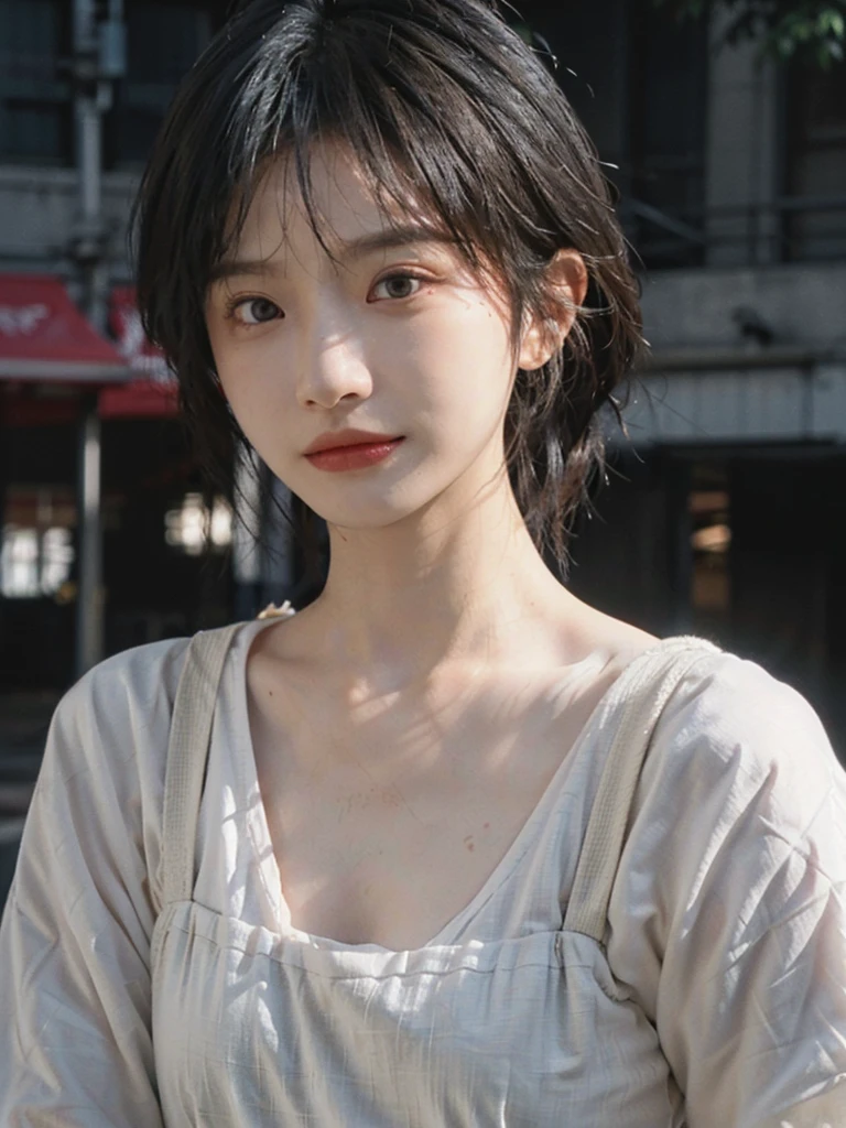 (Skin details:1.4), (smooth skin textures:1.3), （Upper body：1.4），（Upper Body：1.3）Lipstick, background, earrings, serene, calm, Suspenders，(Realistic and detailed eyes：1.2）, Natural skin texture, Realistic facial details, Soft dramatic lighting, Vivid details, 35 mm film, outdoor, (Photo Practical:1.4), (hyper Practical:1.4), (Practical:1.3), (Smoother lighting:1.05), (Improve lighting quality:0.9), (Highest quality real skin textures:1.4), Exquisite eyes, Delicate face, Close-up of face, (Enhance the beauty of skin texture:1.1), Hair details,（Large Breasts：1.3）normal body ratio, short hair, Moles under the eyes, A faint smile,Portrait Photography, Depth of Field, Bokeh, Surrealism, Ray Tracing, (Portrait Photography:1.1), Surrealism, High Detail, Chiaroscuro, Ray Tracing, reflected light, Ultra HD, Ultra HD, masterpiece, Textured Skin, Super Detail, High Detail, high quality, best quality