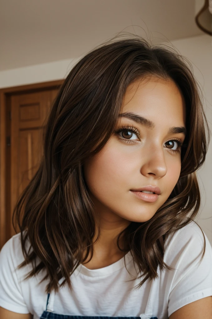 Girl with brown hair and brown eyes inside room 