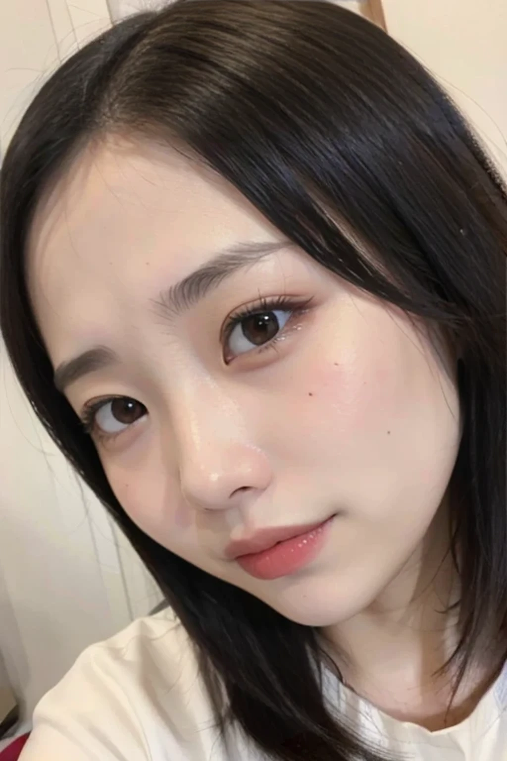 (photorealistic:1.2), 1 young female, (beautiful face:1.2), (no makeup face:1.3), break, indoor, bedroom, (dynamic angle:1.1), break, photo of young Japanese female, (14 years old:1.4), detailed pores and skin lines, break, happy, very fine eyes, break, (small breasts:0.5), black eyes, black hair, short cut hair, break, (eyes and faces with detailed:1.0), break, (masterpiece, best quality, ultra detailed, detailed face, 8k), (rim light:1.2), upper body