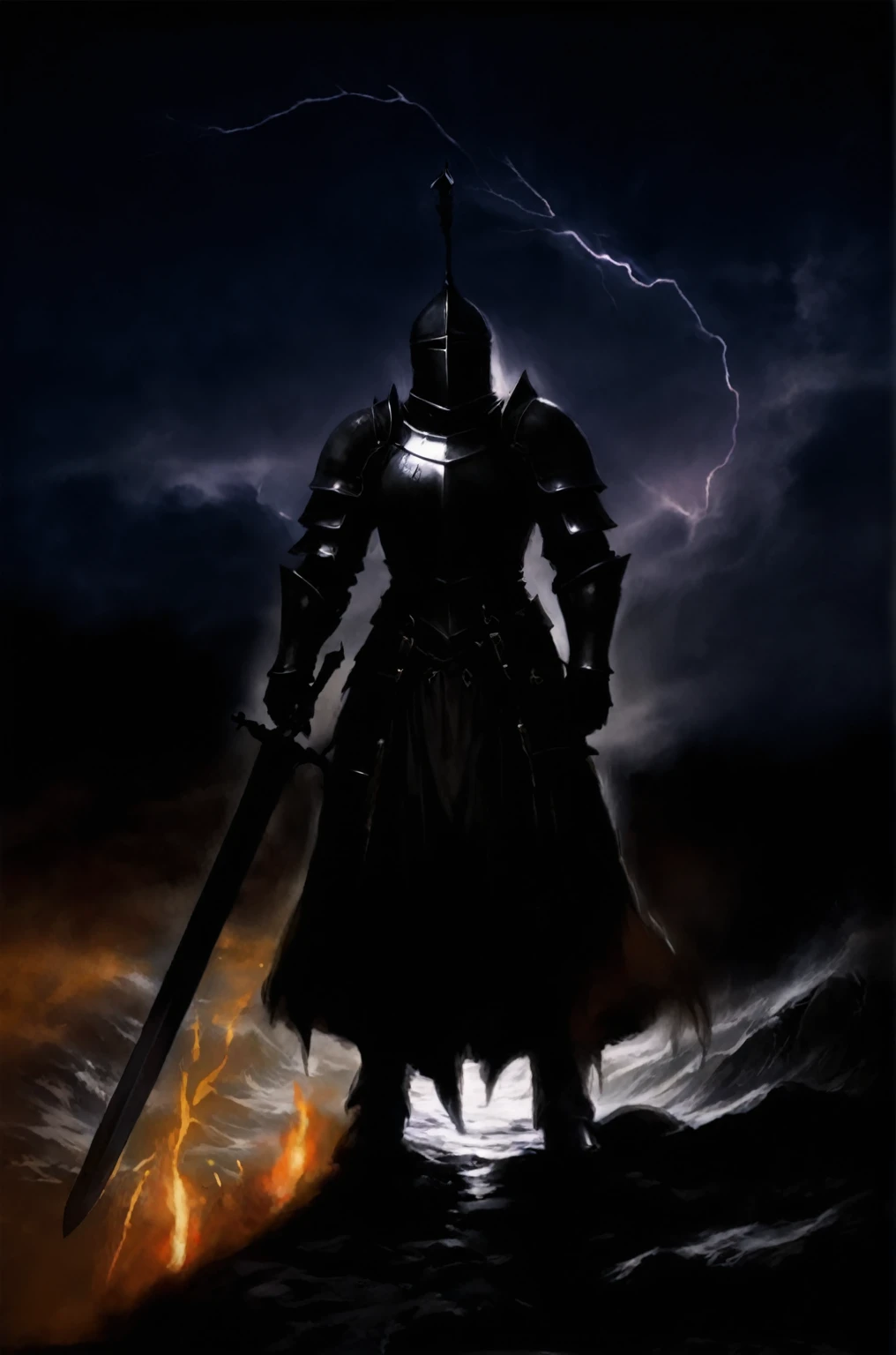 arafed knightgirl in a dark storm with a sword in his hand, evil knightgirl, dark souls knightgirl, gothic knightgirl, the dark souls knightgirl, dark warrior, dark soul concept, dark armor, the Dark Lord, scary knightgirl, fantasy knightgirl, berserk skullknightgirl black armor, (((knightgirl))), dark paladin, Dark Lord, fallen knightgirl, dark souls inspired