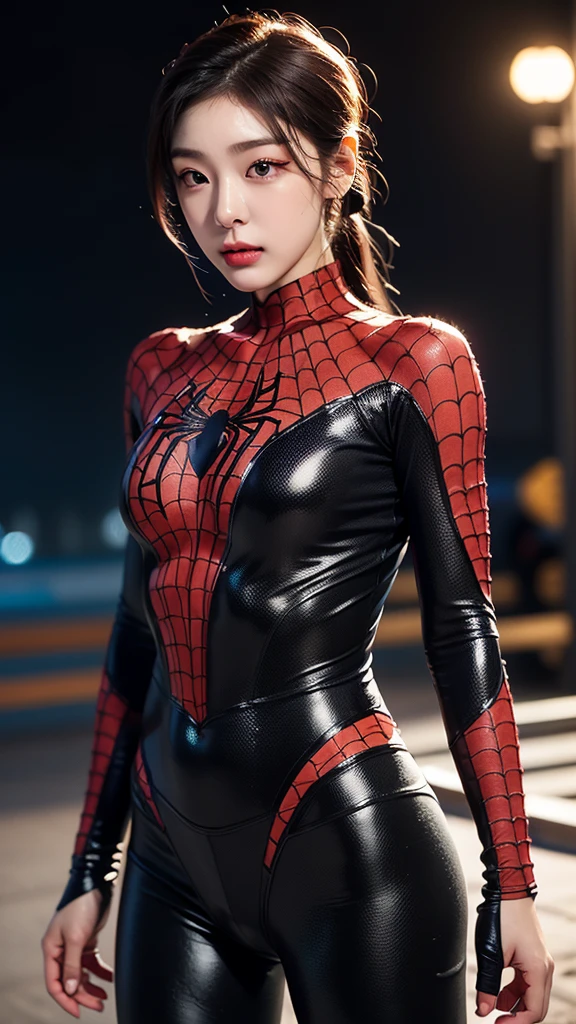 tmasterpiece,1 Korean girl，realisticlying，8K  UHD，high high quality，in the background bokeh, spider-man suit，Spidey，Clothes wrap around the whole body，Tight clothing，Abs contour，Short black hair，s the perfect face，shining face，Ultra-clear face，Elaborate Eyes，idoly