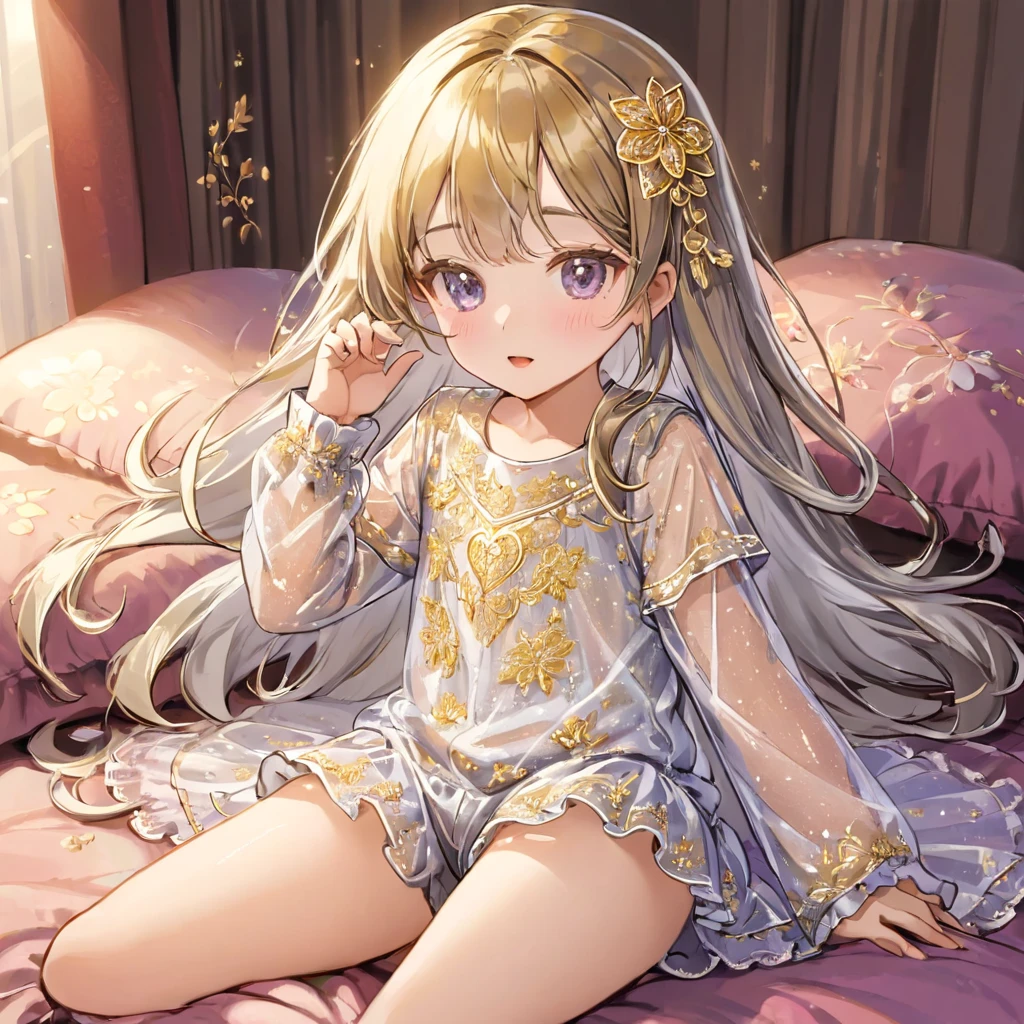 8-year-old girl, １people、Pajamas、Gold and silver thread embroidery、Wearing semi-transparent bloomers that reach down to the knees、Translucent slip