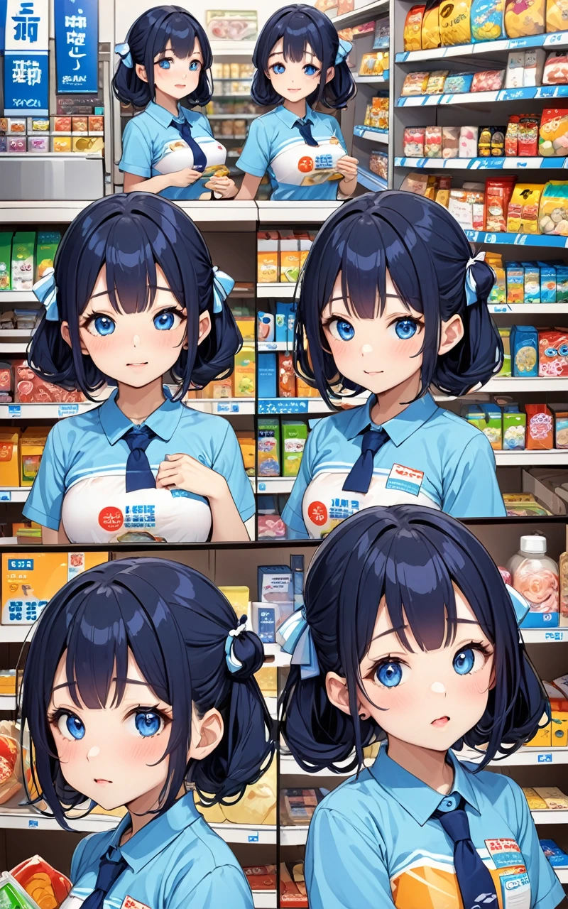 Highest quality、super high quality、16K, Breast size is random、Facial expressions are random、The place is a convenience store、 Hair color is blue、The pose is of a girl stocking shelves at a convenience store.、The distance is random、Angles are random、Small face、Very delicate facial expressions、Delicate eye depiction、Highly detailed hair、Erotic、18-year-old female、Glowing Skin、Soft Skin、The only sexy Japanese woman、The clothes are random convenience store clerks、1 female、