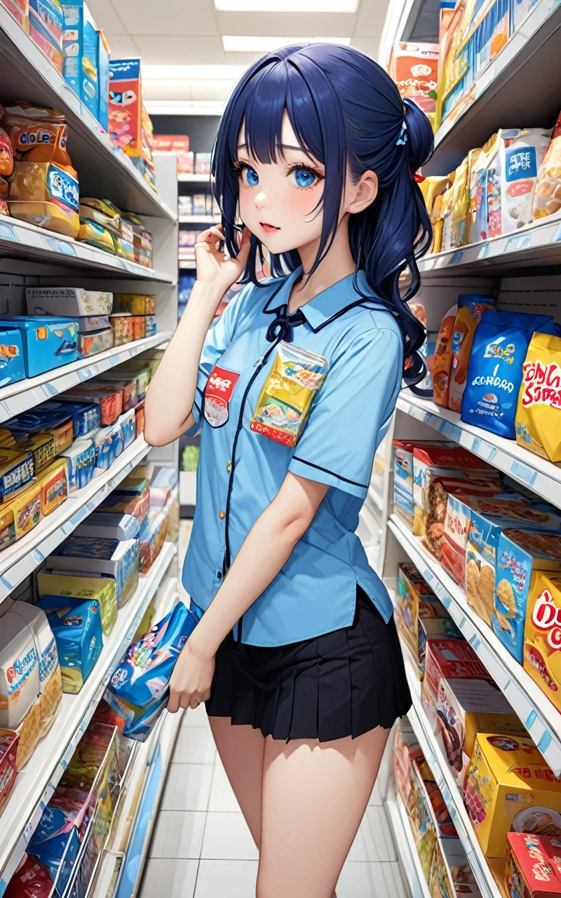 Highest quality、super high quality、16K, Breast size is random、Facial expressions are random、The place is a convenience store、 Hair color is blue、The pose is of a girl stocking shelves at a convenience store.、The distance is random、Angles are random、Small face、Very delicate facial expressions、Delicate eye depiction、Highly detailed hair、Erotic、18-year-old female、Glowing Skin、Soft Skin、The only sexy Japanese woman、The clothes are random convenience store clerks、1 female、