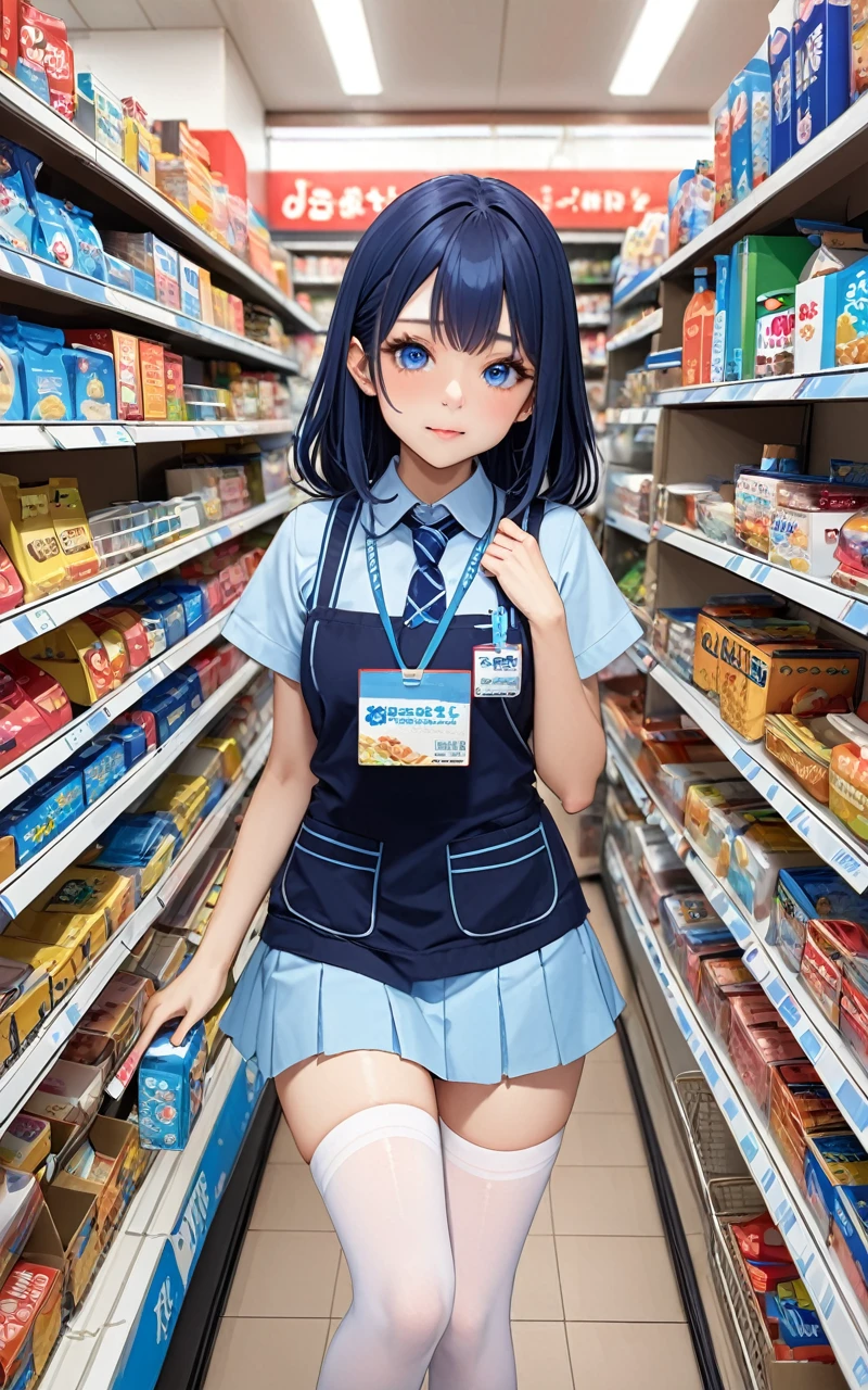 Highest quality、super high quality、16K, Breast size is random、Facial expressions are random、The place is a convenience store、 Hair color is blue、The pose is of a girl stocking shelves at a convenience store.、The distance is random、Angles are random、Small face、Very delicate facial expressions、Delicate eye depiction、Highly detailed hair、Erotic、18-year-old female、Glowing Skin、Soft Skin、The only sexy Japanese woman、The clothes are random convenience store clerks、1 female、