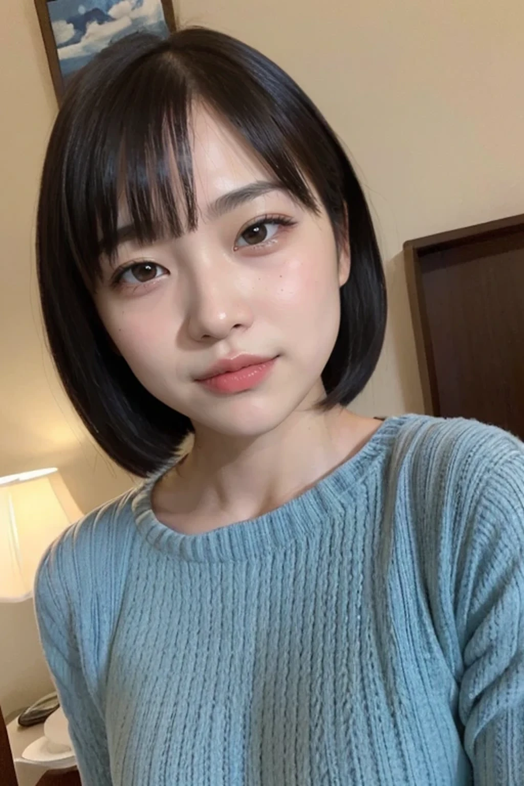 (photorealistic:1.2), ung female, (beautiful face:1.2), (no makeup face:1.3), break, indoor, bedroom, (dynamic angle:1.1), break, photo of young Japanese female, (14 y), detailed pores and skin lines, break, happy, very fine eyes, break, (small breasts:0.5), black eyes, black hair, short cut hair, break, (eyes and faces with detailed:1.0), break, (masterpiece, best quality, ultra detailed, detailed face, 8k), (rim light:1.2), upper body