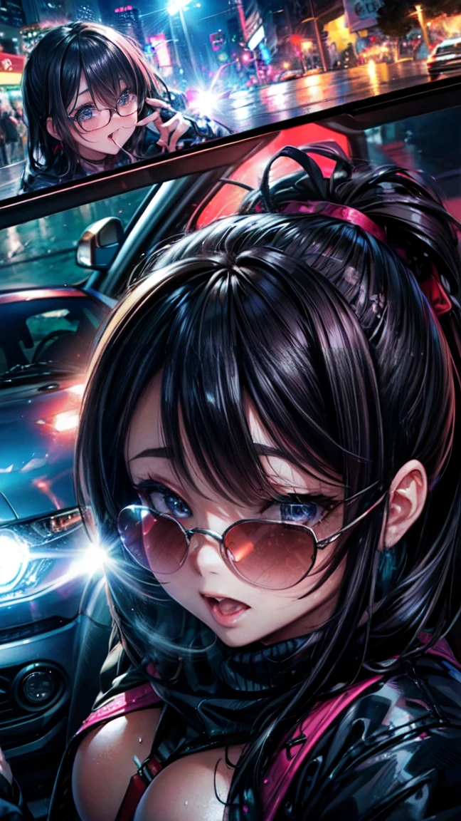 One Woman Car sex Big Butt Feeling face Inside the car at night Girls who love sex Happy face sunglasses Blushing and embarrassed Outdoor Exposure sports car
