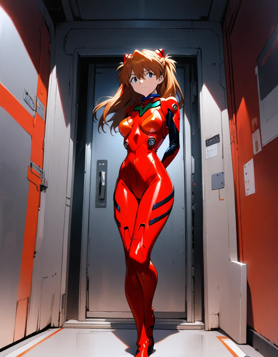 1girl, souryuu asuka langley, neon genesis evangelion, big breasts, sheer red plugsuit,standing at the entrance of a futuristic room. She is positioned with her back to a sliding automatic door., looking down, looking at viewer, masterpiece, best quality, very aesthetic, absurdres,