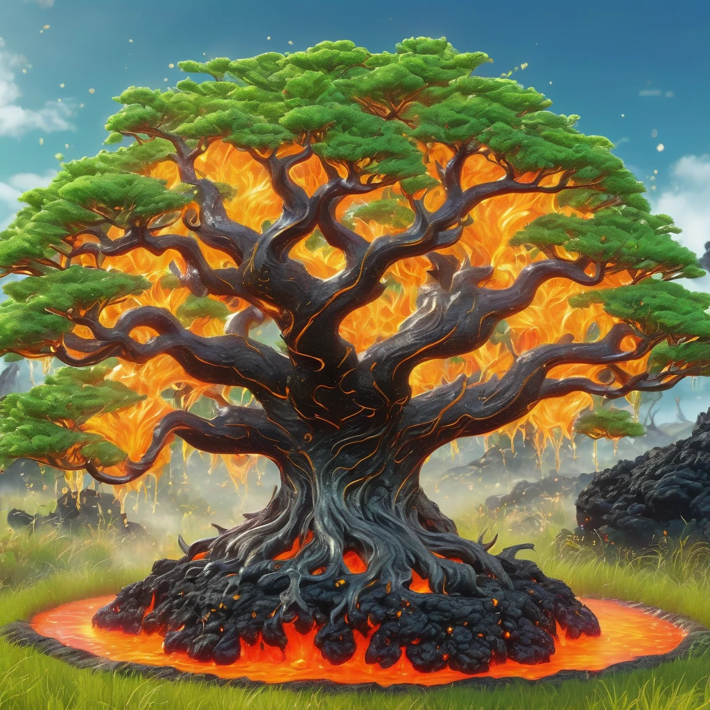 best quality, very good, 1.60,000, ridiculous, Extremely detailed, Lovely tree，Has horns made of translucent boiling lava, Background grassland ((A masterpiece full of fantasy elements))), ((Best quality)), ((Intricate details)) (8K), ((best quality)), ((Intricate details)) (8K)