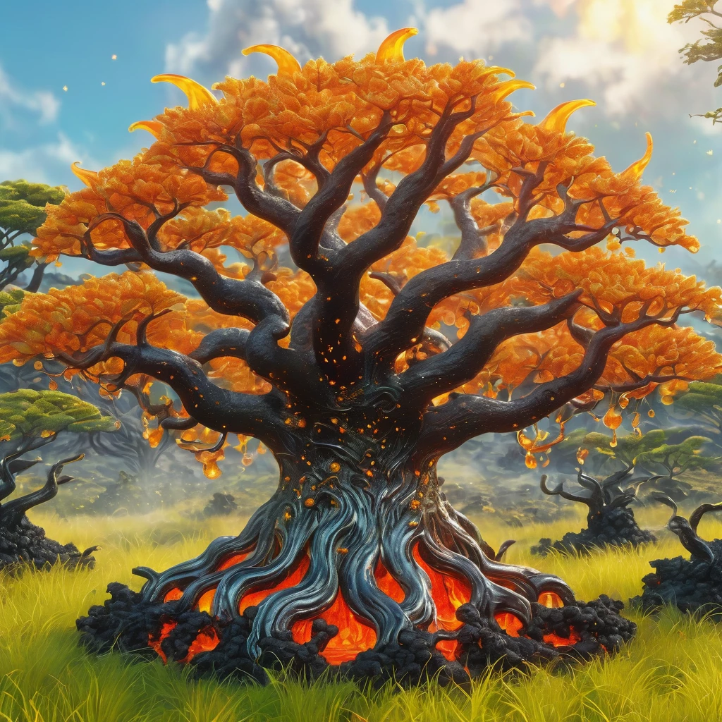 best quality, very good, 1.60,000, ridiculous, Extremely detailed, Lovely tree，Has horns made of translucent boiling lava, Background grassland ((A masterpiece full of fantasy elements))), ((Best quality)), ((Intricate details)) (8K), ((best quality)), ((Intricate details)) (8K)