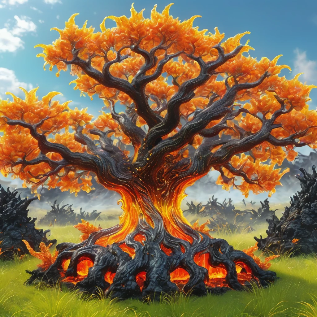 best quality, very good, 1.60,000, ridiculous, Extremely detailed, Lovely tree，Has horns made of translucent boiling lava, Background grassland ((A masterpiece full of fantasy elements))), ((Best quality)), ((Intricate details)) (8K), ((best quality)), ((Intricate details)) (8K)