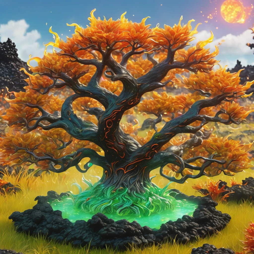 best quality, very good, 1.60,000, ridiculous, Extremely detailed, Lovely tree，Has horns made of translucent boiling lava, Background grassland ((A masterpiece full of fantasy elements))), ((Best quality)), ((Intricate details)) (8K), ((best quality)), ((Intricate details)) (8K)