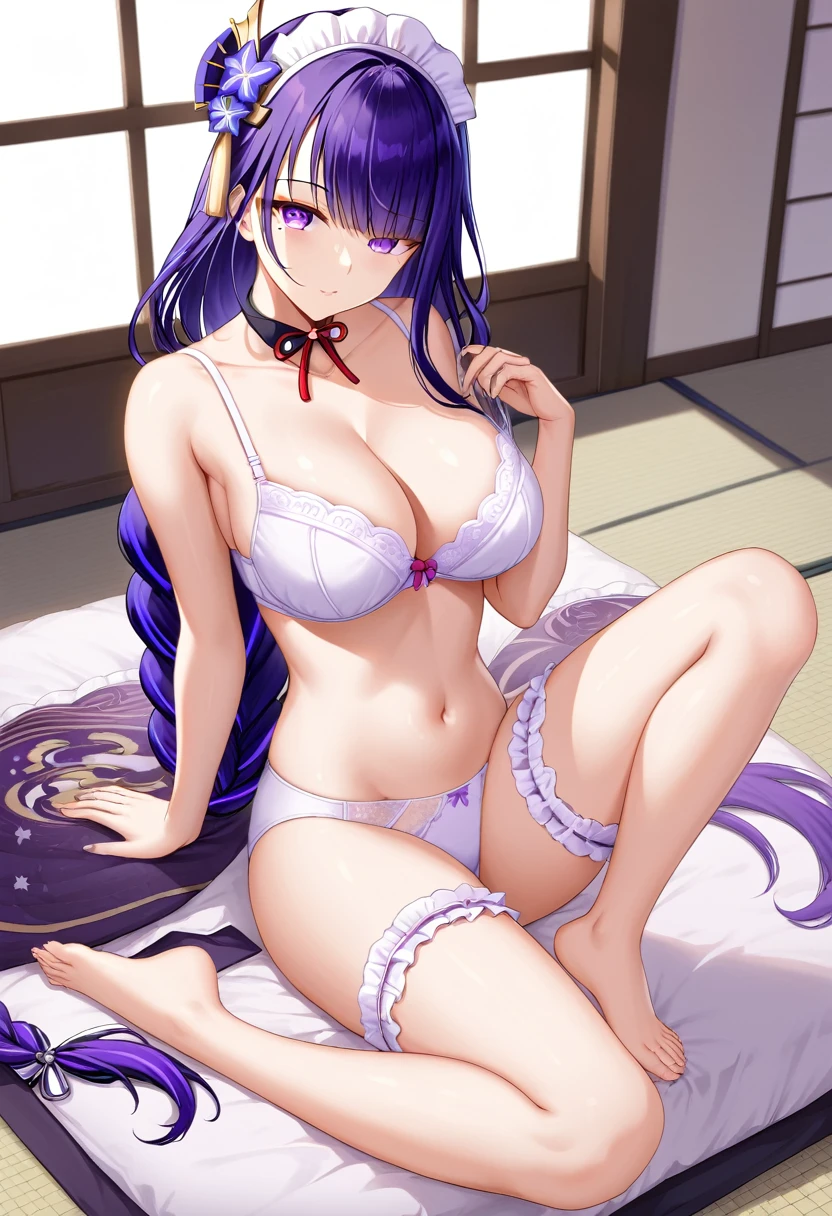 1girl, raiden shogun,solo, long hair, breasts, looking at viewer, large breasts, navel, cleavage, bare shoulders, sitting, underwear, purple eyes, full body, purple hair, barefoot, bra, hair over one eye, maid headdress, seiza, white bra, one eye covered, bridal garter