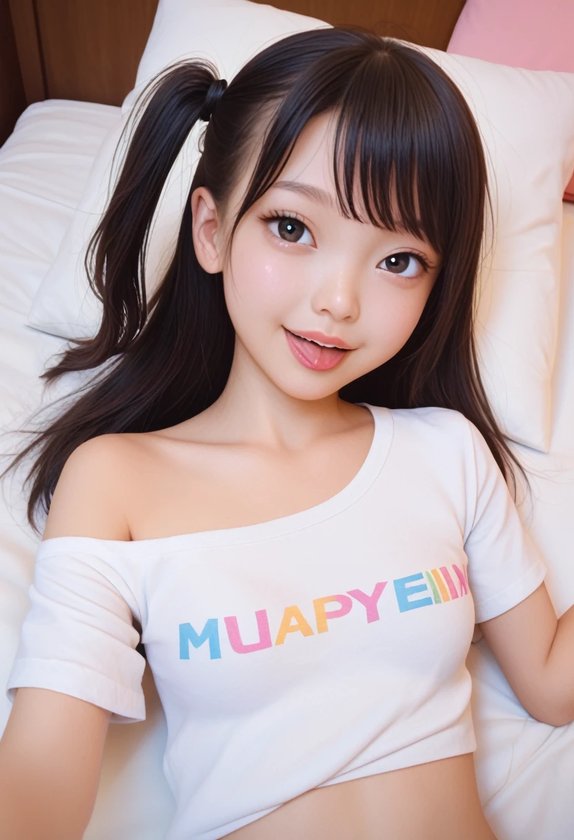 ollarbone,pastel colors t-shirt,off-shoulder look,bare shoulder,midriff peek,micro shorts,open mouth,tongue out,lick,lying,Selfie,looking ahead,from above,front view,upper body,(1girl,Beautiful 14 year old girl),((Slender,Small breasts,Small face,)),looking at viewer,Black Hair,bangs,one side up,Beautiful and detailed,Mischievous smile,Dimly lit room,Simple Background,bed,pillow,best quality