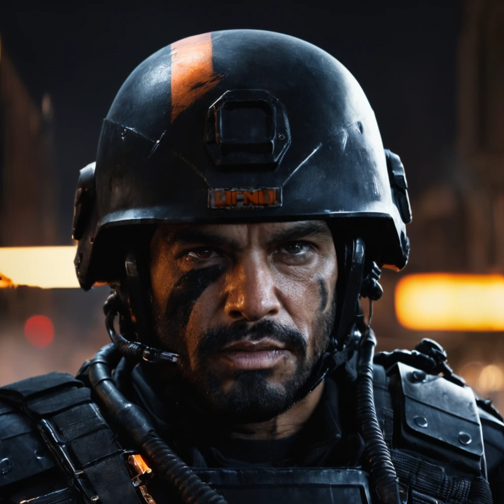 Prompt: (masterpiece)+, (extremely (realistic)+,a portrait of an extremely ugly Massive Militant police commando. Cyberpunk. Full face helmet. armor face mask. dressed in a black and orange military gear. Smug stare. Front photo. Looking in camera. volumetrics dtx, Photorealistic, ultra detailed, Artstation trending, very very detailed, realistic shaded lighting, dynamic shadows, detailed Night riot streets background, upper body, professional photograph of a detailed skin, sharp focus, dramatic, award winning, cinematic lighting, octane render, unreal engine, volumetrics dtx, Photorealistic, ultra detailed, Artstation trending, very very detailed, hyperrealistic, fine details, realistic shaded lighting, dynamic shadows, Night riot streets background, add_detail:1, skin pores and wrinkles, details.,More Reasonable Details