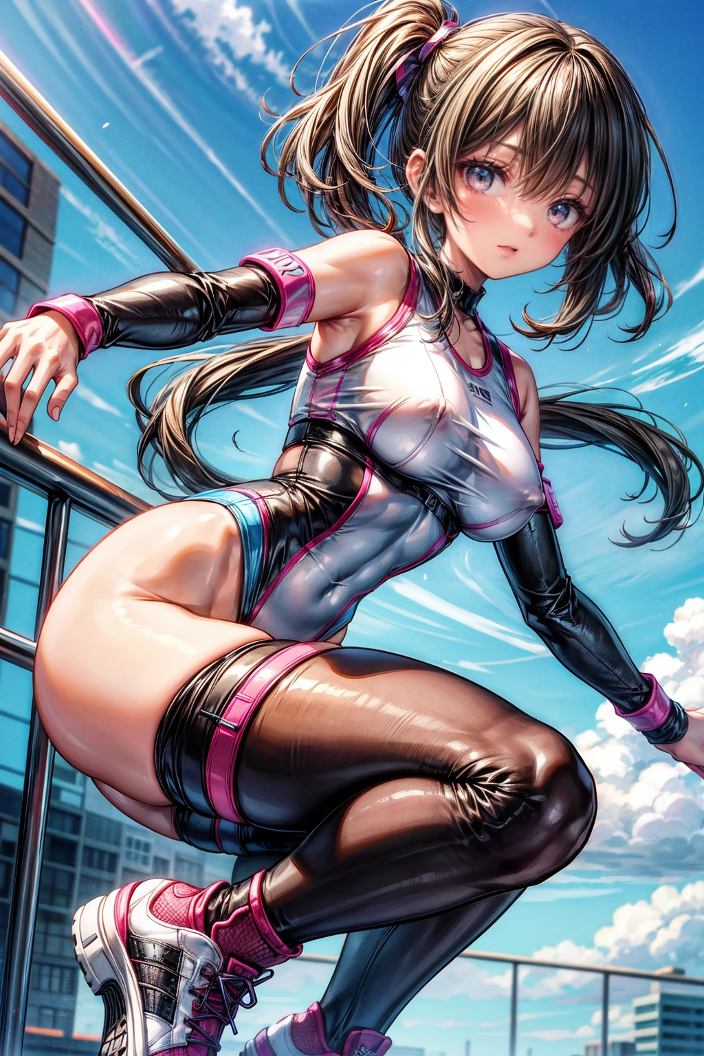 1980s Aerobics Style、High leg leotard、Colored tights、Vivid Color、sneakers、Detailed picture、girl、25-year-old woman、Dynamic and lively pose、Crotch line、Erect nipples