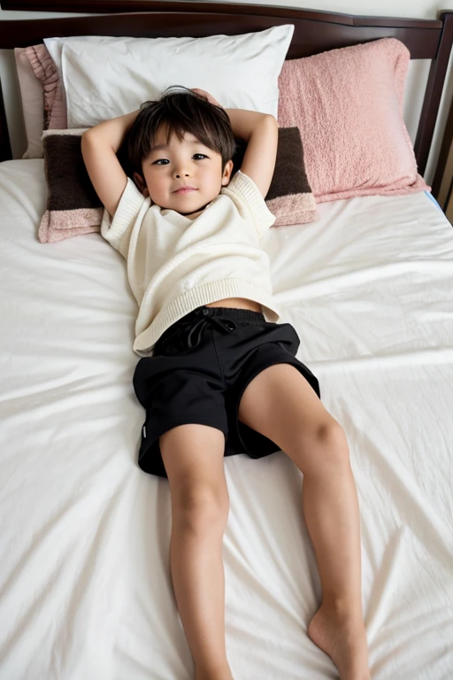 a japanese ilttle 6-yr old boy, with brown hair, white sweater, black tigthen shorts , laying on bed, arms up, spead your legs, full body