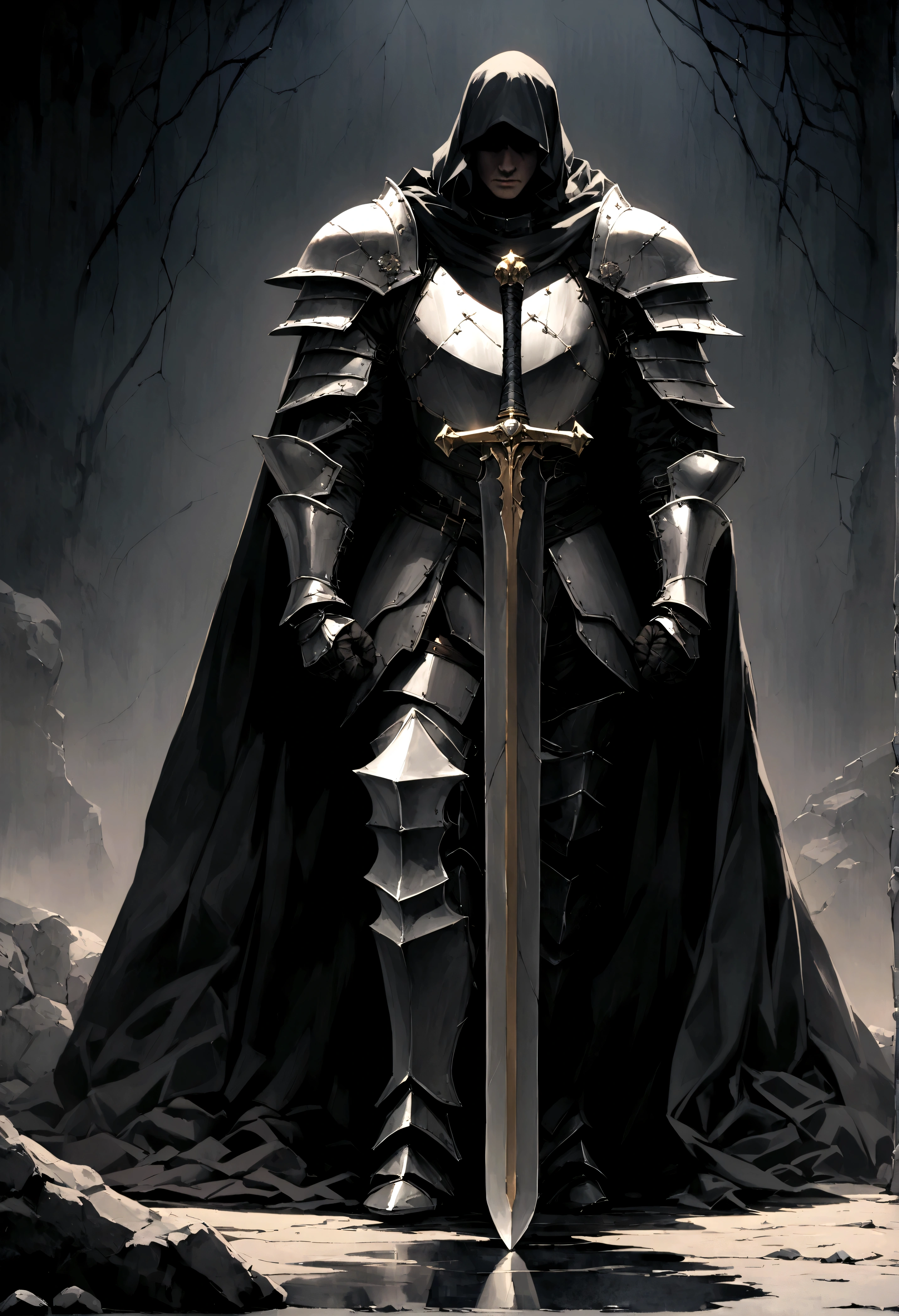

`A highly detailed, ultra-realistic scene of a medieval knight standing 5 meters away, facing forward. The knight wears a black, intricately detailed armor showing battle wear. He stands with his longsword embedded in the ground, both hands gripping the hilt firmly. The setting is a dark, stormy night, with heavy shadows obscuring his face and body, adding a sense of mystery. Lightning bolts cut through the sky, illuminating the scene sporadically, casting reflections on the knight's armor. The ground is rocky and barren, enhancing the desolate and ominous atmosphere. Focus on dramatic lighting and shadow play to emphasize the somber mood. The knight's expression should convey determination and power, even if partially hidden by shadows.`
