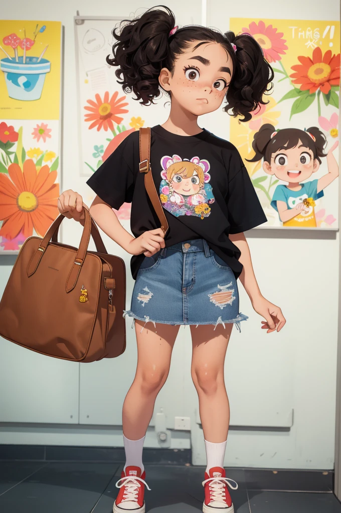 masterpiece,highest quality,masterpiece，highest quality，Cute doodles，Hilarious, Honor student, ，low length，Curly Hair, Twin tail hair，Vibrant, inquisitive eyes，freckles，Thick eyebrows，Short T-shirt，Very short miniskirt in denim，Open Fly，sneakers， Smells like flowers,pop,punk, bag,trip,