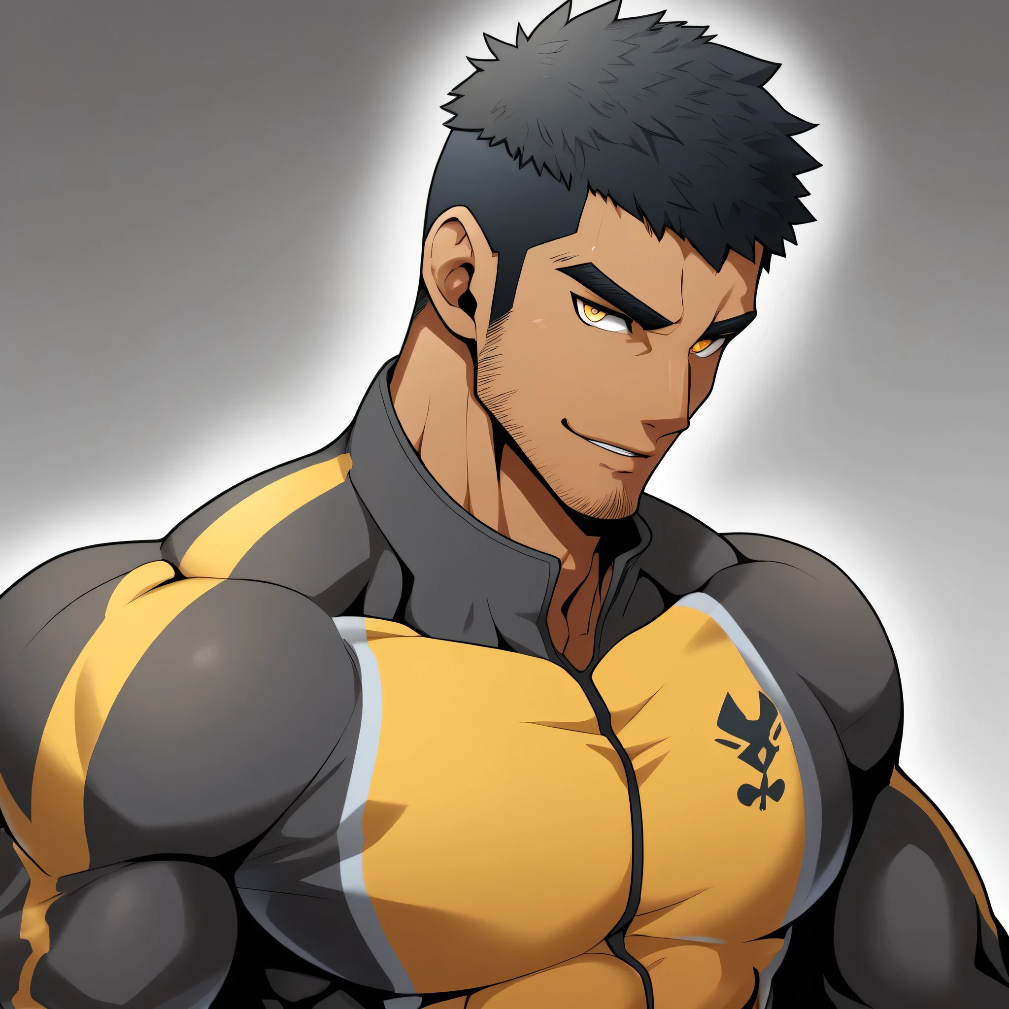 anime characters:Gyee, Muscle Sports Student, negro black skin, 1 dark skin muscular tough guy, Manliness, male focus, Dark grey high collar long sleeve wetsuit, Matte texture, Very tight, Round, full and perky chest muscles, Slightly transparent, muscular male, muscular, only, Upper body, alone, Black short hair, Thick eyebrows, stubble, Yellow eyes, Grey background, simple background, amazing quality, best aesthetics, Ridiculous, bright pupils, crew cut, parted lips, seductive smile, torogao, naughty face, best quality