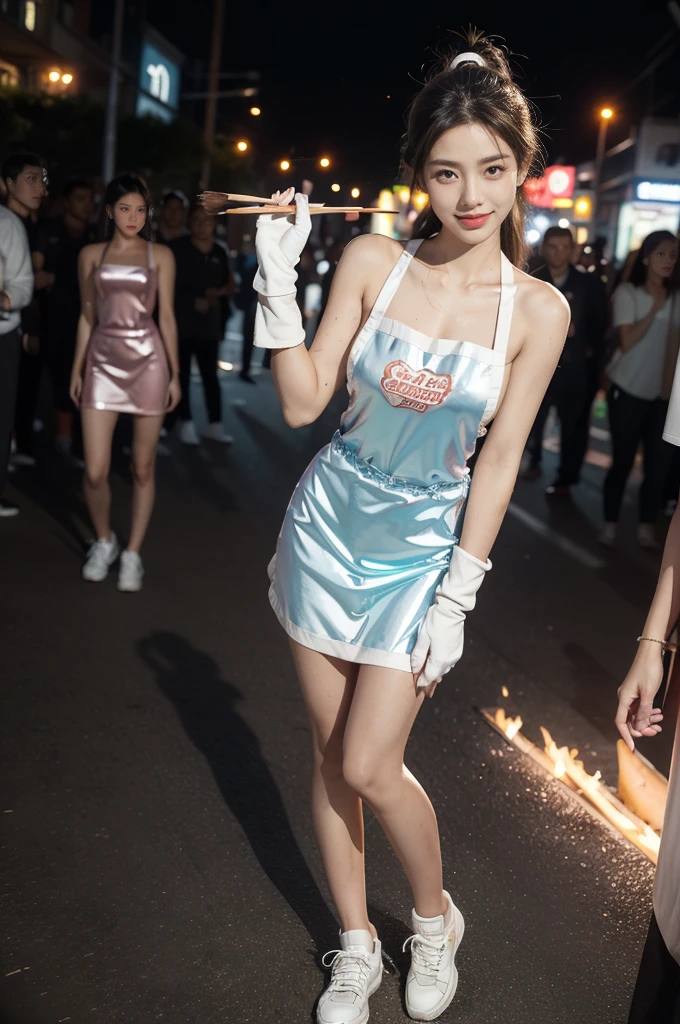 (((best quality))),(((ultra detailed))),(((masterpiece))),illustration,((1 beautiful girl,solo)),((slim,thin)),((small breasts,flat chest)),summer night,metropolis,((barbecue joint)),humble,vibrant energy,city that never sleeps,(short ponytail:1.2),(((female orgasmic,blush))),(sweat:1.3),(shiny skin:1.5),(sheer apron:1.3),((bare shoulders,bare arms)),(gloves:1.3),((slender legs,sneakers)),(standing:1.3),lightweight,practicality,((sizzling hot grill)),smooth,tanned skin,soft glow,skillfully,((skewers,meat)),intense concentration,bright eyes,alert,passion for work,atmosphere,vibrant,dynamic,laughter,conversation,sizzle,crackle,aromatic scent,tinged,radiant smile,genuine enjoyment,easy manner,warm presence,community,dedication,beauty in simplicity,midst of bustling city streets,outdoor,midnight,((from front,full body)),(surrounded by crowded crowds:1.3)