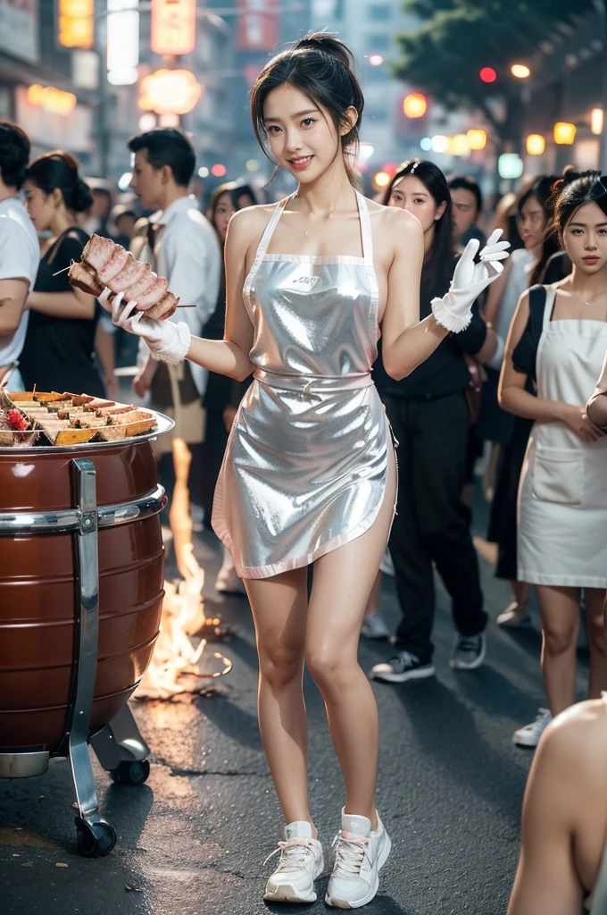 (((best quality))),(((ultra detailed))),(((masterpiece))),illustration,((1 beautiful girl,solo)),((slim,thin)),((small breasts,flat chest)),summer night,metropolis,((barbecue joint)),humble,vibrant energy,city that never sleeps,(short ponytail:1.2),(((female orgasmic,blush))),(sweat:1.3),(shiny skin:1.5),(sheer apron:1.3),((bare shoulders,bare arms)),(gloves:1.3),((slender legs,sneakers)),(standing:1.3),lightweight,practicality,((sizzling hot grill)),smooth,tanned skin,soft glow,skillfully,((skewers,meat)),intense concentration,bright eyes,alert,passion for work,atmosphere,vibrant,dynamic,laughter,conversation,sizzle,crackle,aromatic scent,tinged,radiant smile,genuine enjoyment,easy manner,warm presence,community,dedication,beauty in simplicity,midst of bustling city streets,outdoor,midnight,((from front,full body)),(surrounded by crowded crowds:1.3)