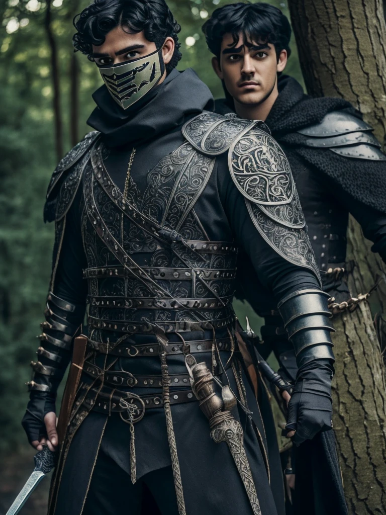 killer man, with an enchanted runic sword on his back, and is leaning against a tree with twisted black dick, He is also wearing a mask covering half of his mouth. He is wearing a fabric outfit with very small parts of well-worn armor., He also has short, wavy black hair., sem pelos faciais, approximately 19 years old. He is serious and has a dagger in his hand.