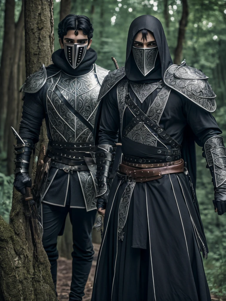 killer man, with an enchanted runic sword on his back, and is leaning against a tree with twisted black dick, He is also wearing a mask covering half of his mouth. He is wearing a fabric outfit with very small parts of well-worn armor., He also has short, wavy black hair., sem pelos faciais, approximately 19 years old. He is serious and has a dagger in his hand.