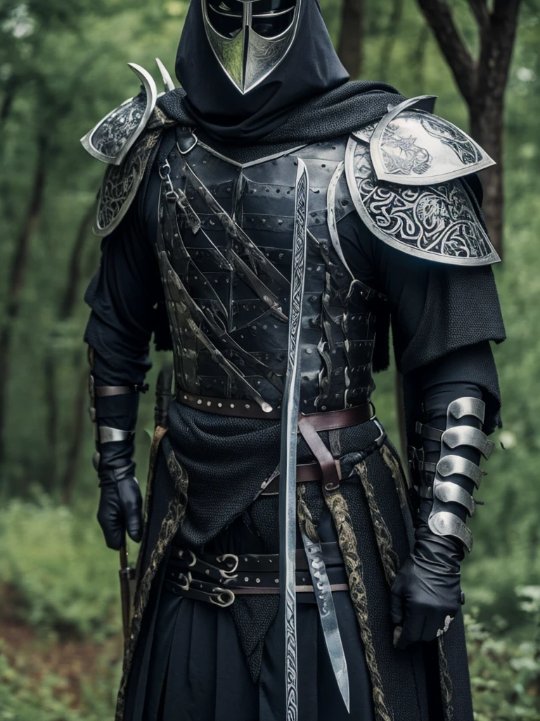 killer man, with an enchanted runic sword on his back, and is leaning against a tree with twisted black dick, He is also wearing a mask covering half of his mouth. He is wearing a fabric outfit with very small parts of well-worn armor., He also has short, wavy black hair., sem pelos faciais, approximately 19 years old. He is serious and has a dagger in his hand.