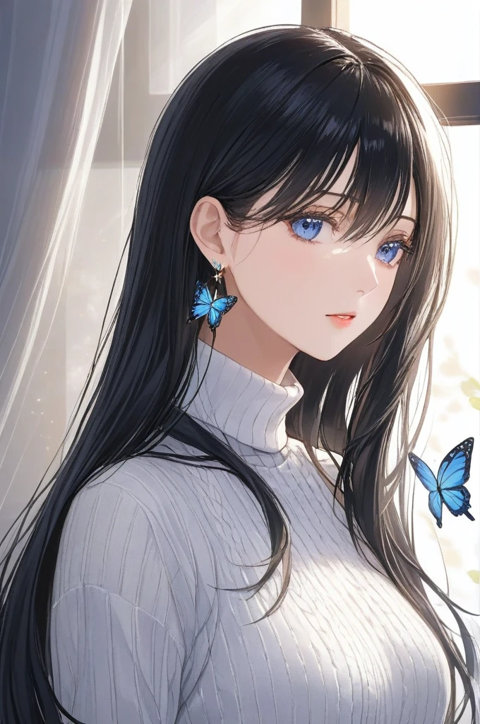 (masterpiece, best quality:1.2), 1girl, solo,mature_lady, delicate face,detail eyes,long hair, floating hair,medium breasts, floating clothes,,White Turtleneck knitted sweater,beside window, butterfly earrings , detailed eyes,blue eyes