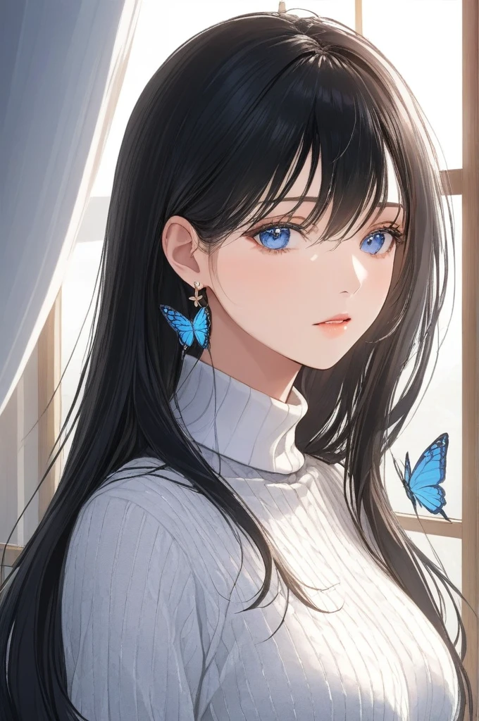 (masterpiece, best quality:1.2), 1girl, solo,mature_lady, delicate face,detail eyes,long hair, floating hair,medium breasts, floating clothes,,White Turtleneck knitted sweater,beside window, butterfly earrings , detailed eyes,blue eyes
