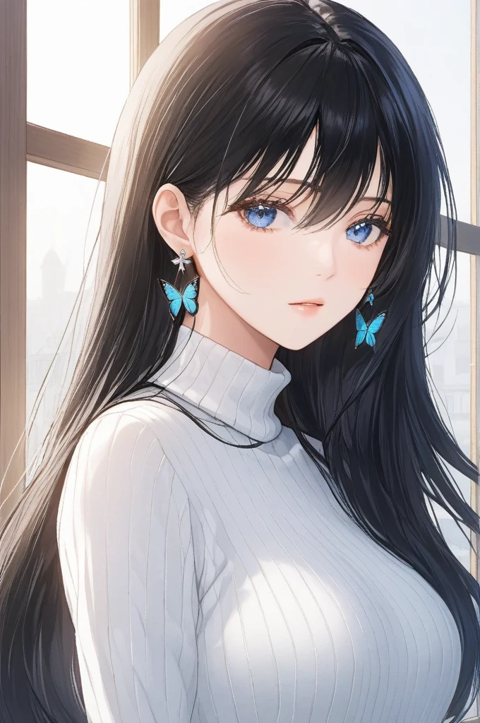 (masterpiece, best quality:1.2), 1girl, solo,mature_lady, delicate face,detail eyes,long hair, floating hair,medium breasts, floating clothes,,White Turtleneck knitted sweater,beside window, butterfly earrings , detailed eyes,blue eyes